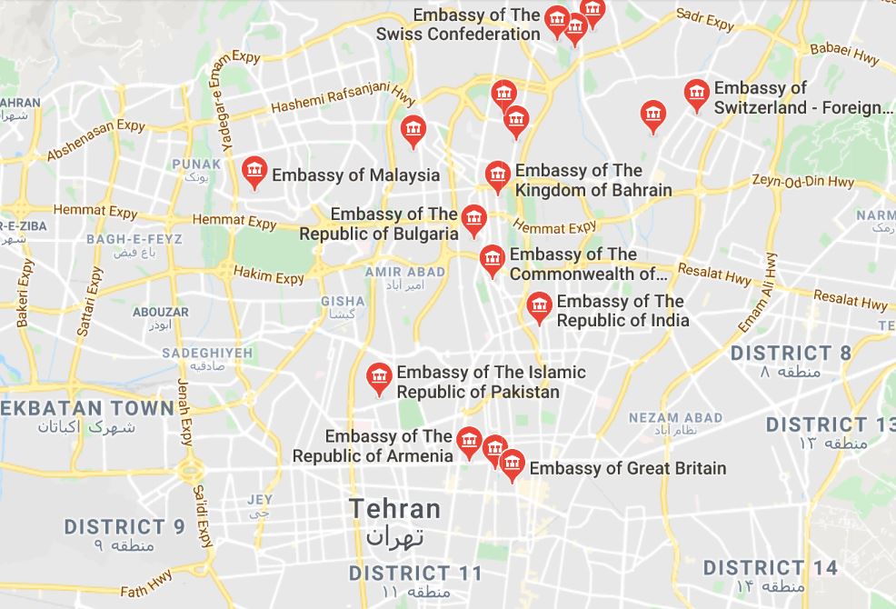 لیست سفارتخانه ها در تهران 